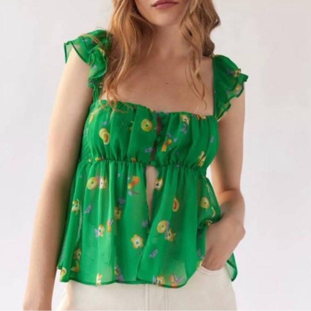 NWT Urban Outfitters Deandra Ruffle Chiffon Split Front Floral Top Green